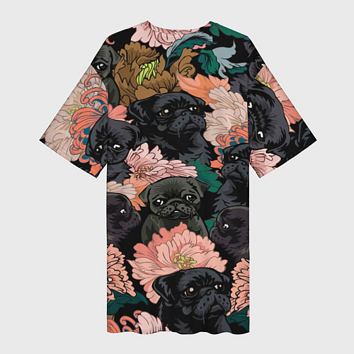 Женская длинная футболка Мопсы и Цветы / 3D-принт – фото 2