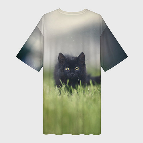 Женская длинная футболка Черный кот на лугу / 3D-принт – фото 2