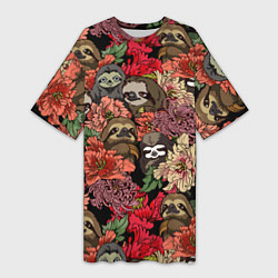 Женская длинная футболка Ленивец & Цветочки