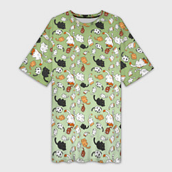 Женская длинная футболка Много рисованных котов узор