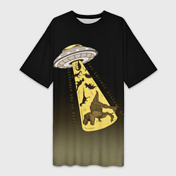 Женская длинная футболка НЛО похищает динозавров