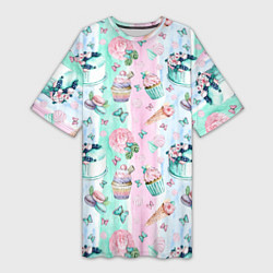 Женская длинная футболка Сладости и бабочки Акварель