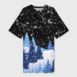 Женская длинная футболка Снежная ночь в зимнем лесу