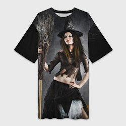 Женская длинная футболка Милая ведьма с метлой
