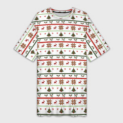 Женская длинная футболка Узор новогодний Бело-красно-зеленый