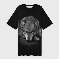 Женская длинная футболка Волк, на черном фоне