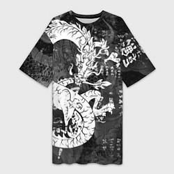 Женская длинная футболка ЧБ Японский Дракон Dragon Иероглифы