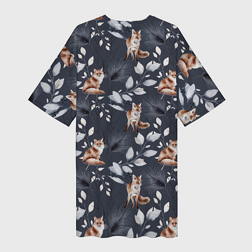 Женская длинная футболка Зимние лисички Акварельный рисунок узор / 3D-принт – фото 2