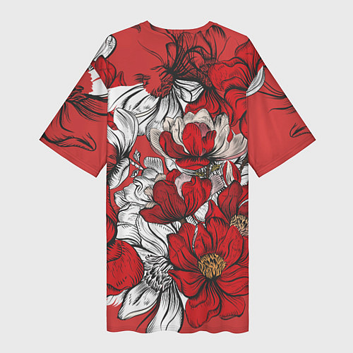 Женская длинная футболка Цветы на алом фоне / 3D-принт – фото 2