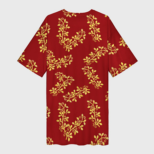 Женская длинная футболка Золотые веточки на ярко красном фоне / 3D-принт – фото 2