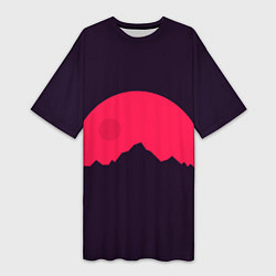 Женская длинная футболка Красная луна над сумеречными горами