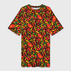 Женская длинная футболка Желтые и красные цветы, птицы и ягоды хохлома