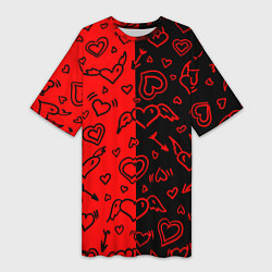 Женская длинная футболка Черно-Красные сердца с крылышками