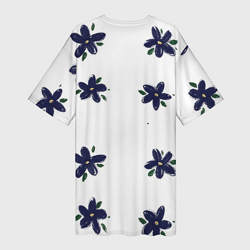 Женская длинная футболка Синие ромашки на белом фоне / 3D-принт – фото 2