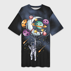 Женская длинная футболка Космонавт на шарах из планет