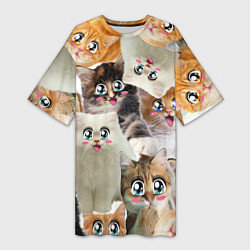 Женская длинная футболка Много кошек с большими анимэ глазами