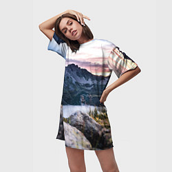 Футболка женская длинная Горы на закате, цвет: 3D-принт — фото 2