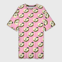 Женская длинная футболка Яблочные дольки на розовом фоне с эффектом 3D