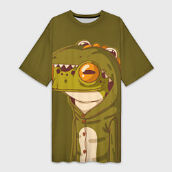 Футболка женская длинная Лягуха в костюме динозавра, цвет: 3D-принт