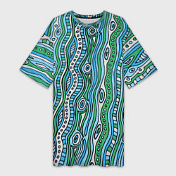 Женская длинная футболка Разноцветная абстракция в стиле дудл Волны, линии,