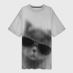Женская длинная футболка Крутой кот в очках в тумане