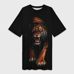 Женская длинная футболка Тигр на черном фоне