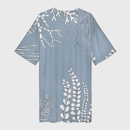 Женская длинная футболка Разноцветные акварельные рыбки и белые водоросли / 3D-принт – фото 2