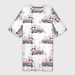 Женская длинная футболка Коты на автомобиле Паттерн