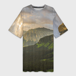 Футболка женская длинная Горы, лес, небо, цвет: 3D-принт