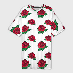 Футболка женская длинная Цветы Красные Розы На Белом Фоне, цвет: 3D-принт