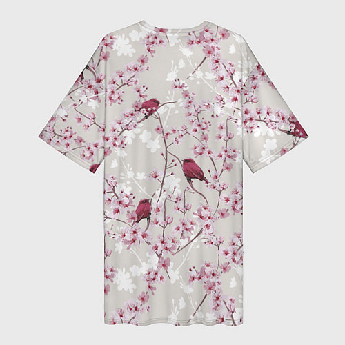 Женская длинная футболка Цветы Сакуры и Птицы / 3D-принт – фото 2