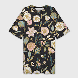 Женская длинная футболка Цветы Астры На Чёрном Фоне
