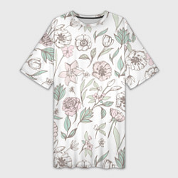 Женская длинная футболка Цветы Астры и Розы На Светлом Фоне