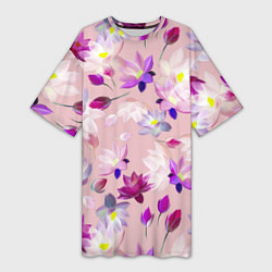 Женская длинная футболка Цветы Разноцветные Лотосы