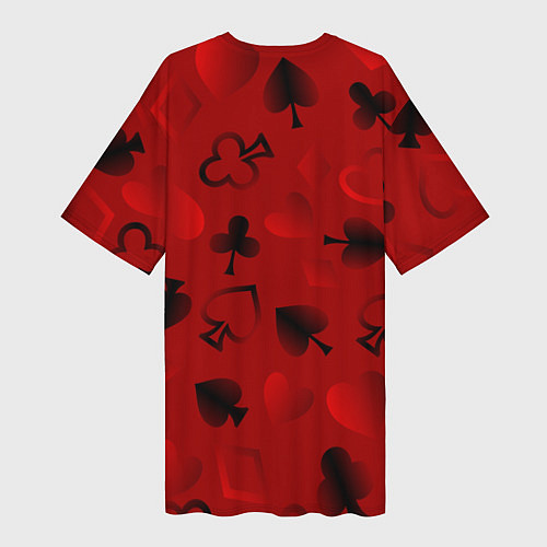 Женская длинная футболка Карты карточные масти на красном фоне / 3D-принт – фото 2