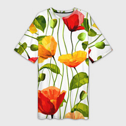 Женская длинная футболка Волнообразный узор из цветков мака Лето