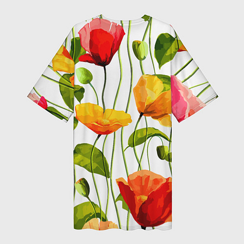 Женская длинная футболка Волнообразный узор из цветков мака Лето / 3D-принт – фото 2