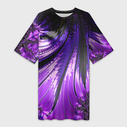 Женская длинная футболка Неоновый фрактал черный с фиолетовым Абстракция