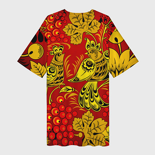 Женская длинная футболка Хохломская Роспись Две Птици На Красном Фоне / 3D-принт – фото 2