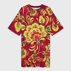 Женская длинная футболка Хохломская Роспись Цветы На красном Фоне