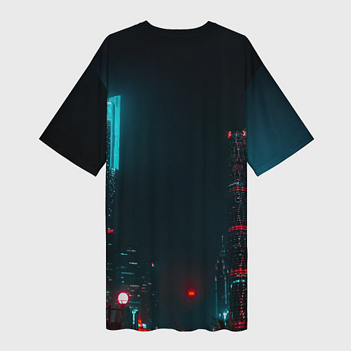 Женская длинная футболка Неоновые высотки в городе - Светло-синий / 3D-принт – фото 2