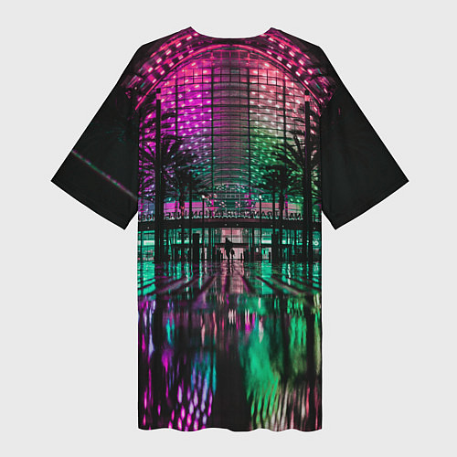 Женская длинная футболка Неоновое здание ночью - Розовый / 3D-принт – фото 2