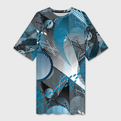 Футболка женская длинная Абстрактный серо-синий принт, цвет: 3D-принт
