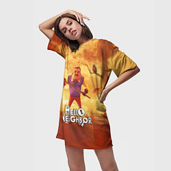 Футболка женская длинная Hello Neighbor Привет сосед Сосед с лопатой, цвет: 3D-принт — фото 2