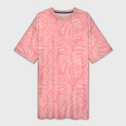 Женская длинная футболка Бежевые листья монстеры на розовом