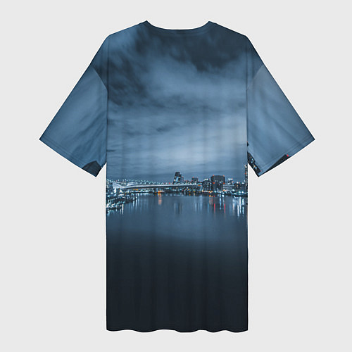 Женская длинная футболка Неоновый город вдалеке и небо - Синий / 3D-принт – фото 2