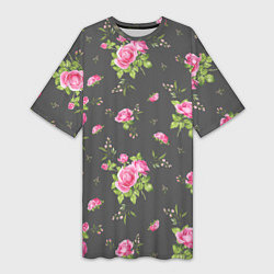 Женская длинная футболка Розовые розы на сером фоне