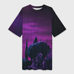 Женская длинная футболка Ночное сияние в тёмном лесу - Фиолетовый