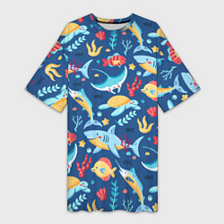 Женская длинная футболка Акула, скат и другие обитатели океана - лето