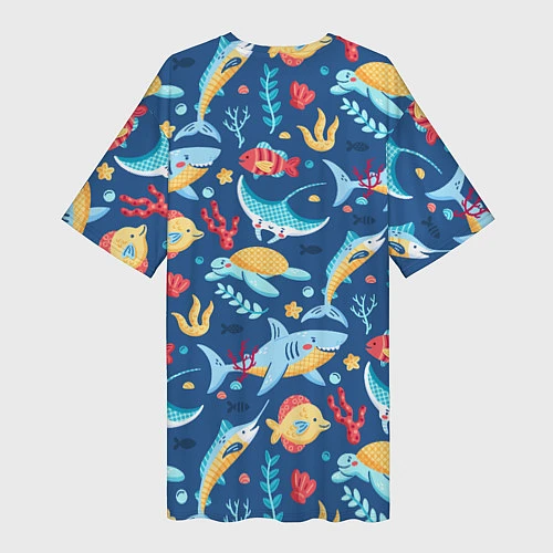 Женская длинная футболка Акула, скат и другие обитатели океана - лето / 3D-принт – фото 2
